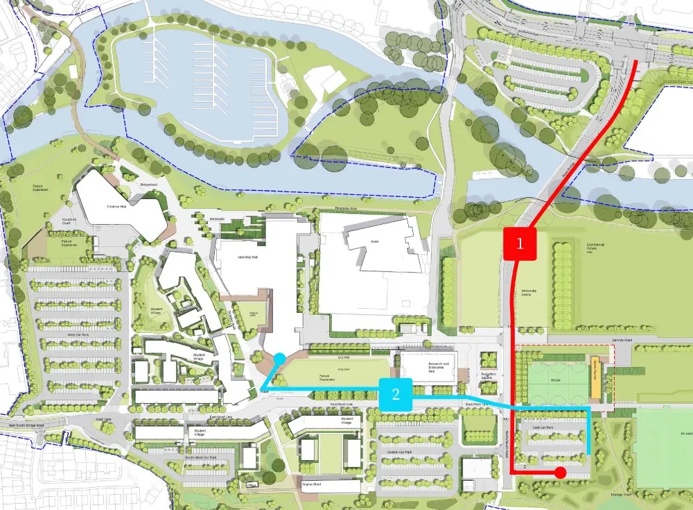Annotated map of the University of Northampton Waterside Campus showing the driving route in red to East Car Park (1) and the walking route in blue to the meeting point (2).